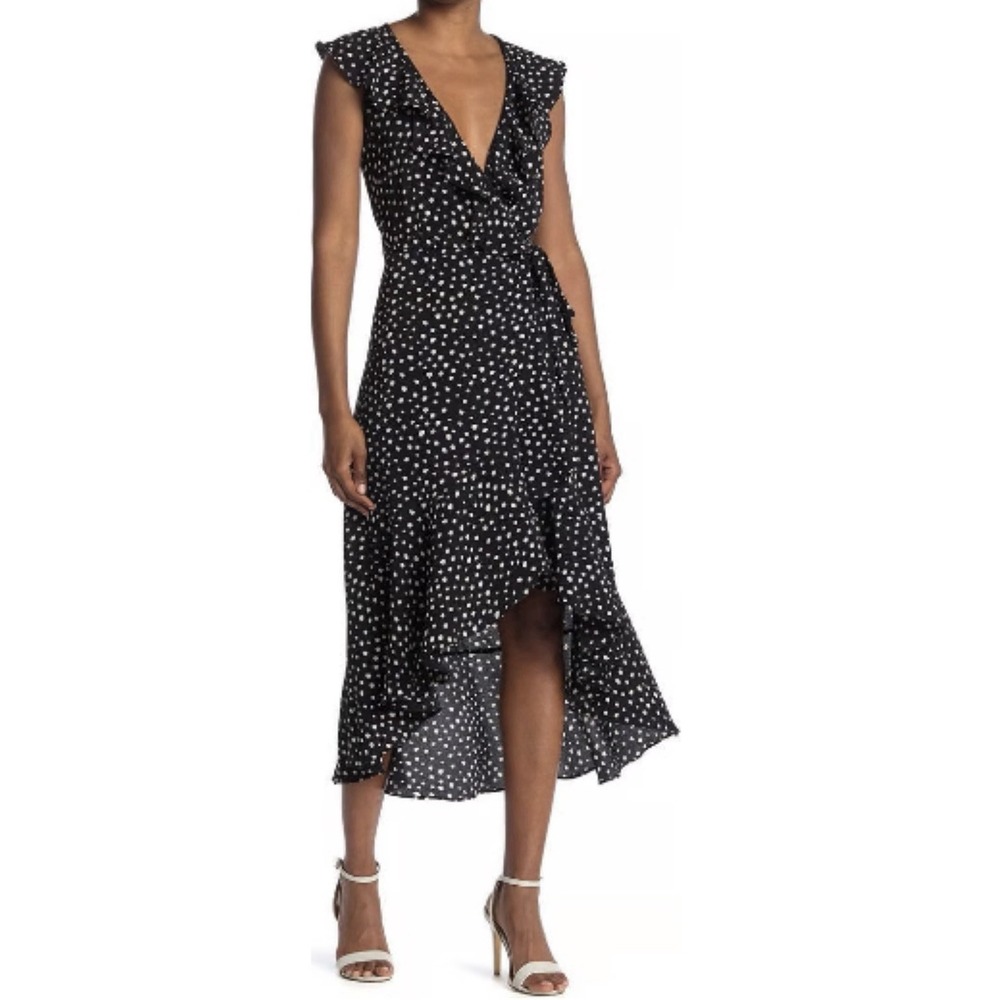 Max Studio Polka Dot Wrap Midi Dress Women S Black Feminine‎ Romantic Preppy